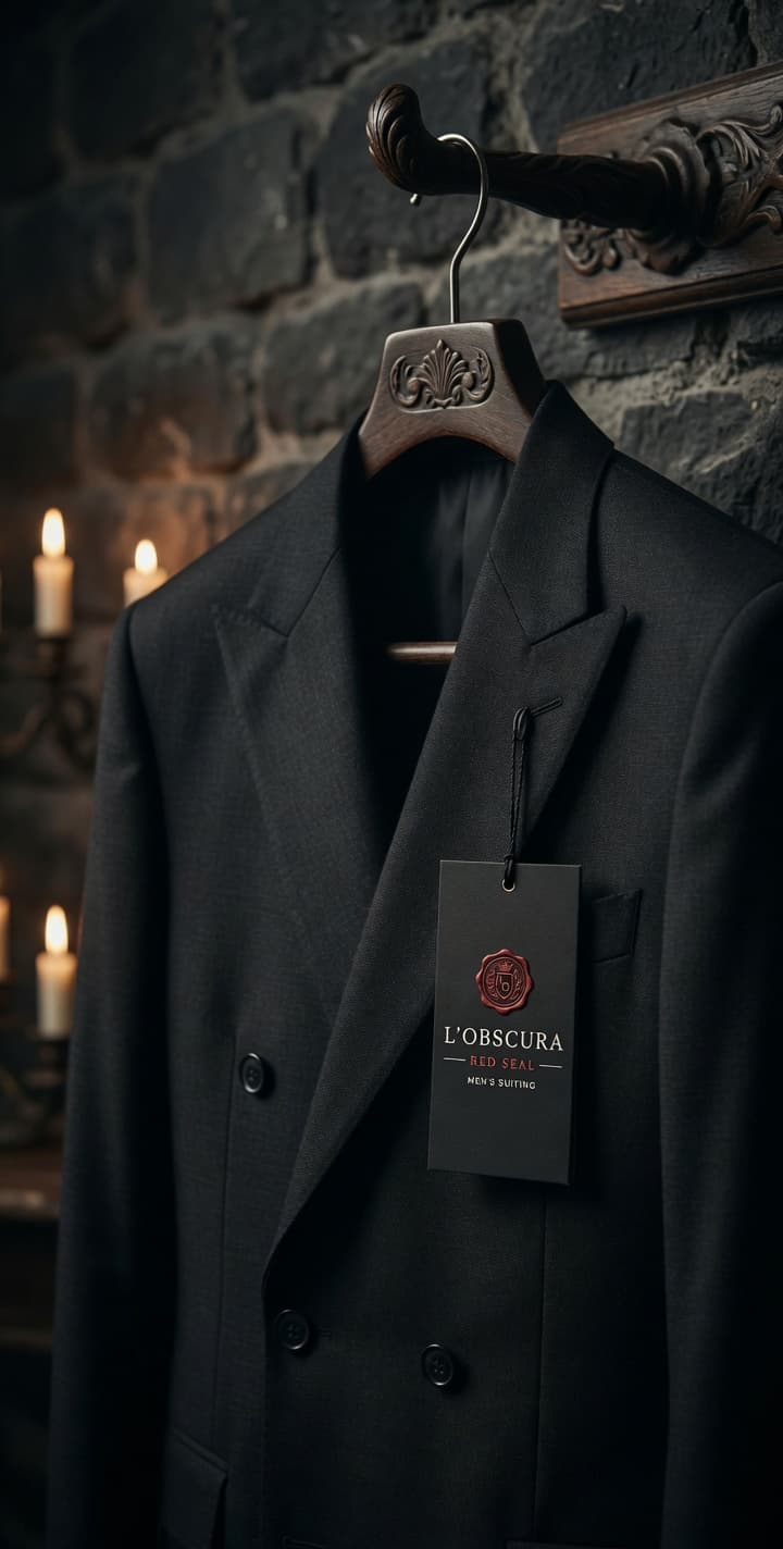 Red Seal hang tag on a black double-breasted jacket