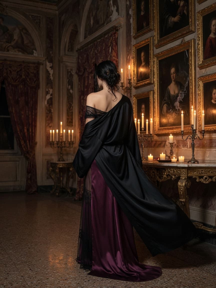 Velaria — plum silk and black mesh under a silk robe